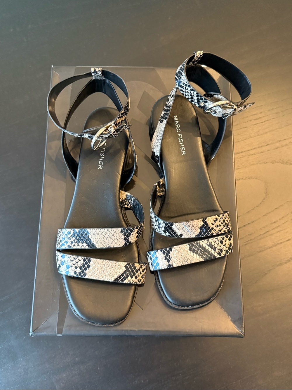 Marc Fisher Black & White Snakeskin Ankle Strap Sandals Size 8M